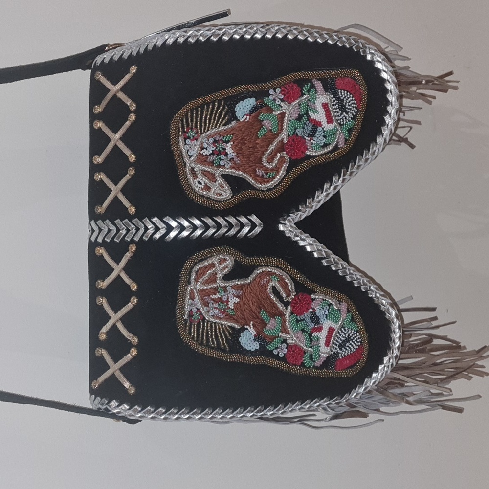 Unique bag purse Horses Genuine leather black beaded crossbody bag NWT